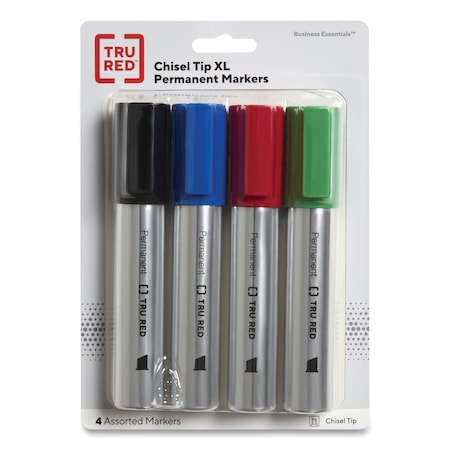 Tru Red XL Permanent Marker, Extra-Broad Chisel Tip, Assorted Colors, 4PK TR56935